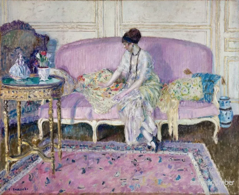Reproduktion av målningen av en sittande kvinna på en soffa i ett inre - Frederick Carl Frieseke - Bild 2