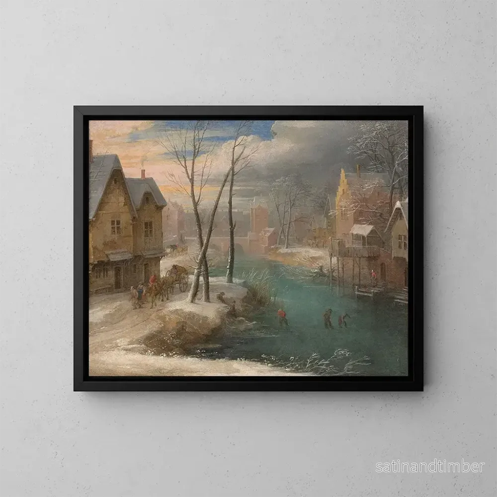 Reproduktion av målningen av snötäckt by med livfulla figurer - Jacques Fouquier