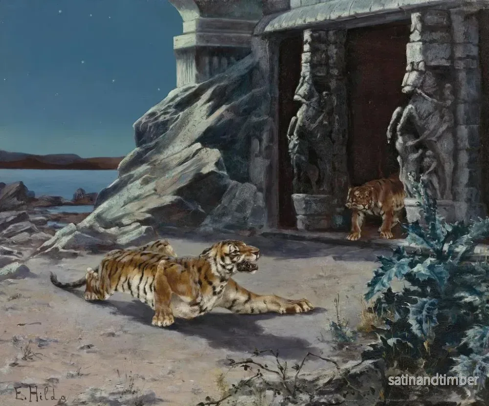 Reproduktion av målningen Tigermålning vid ingången till ett tempel - E Baily Hilda - Bild 2