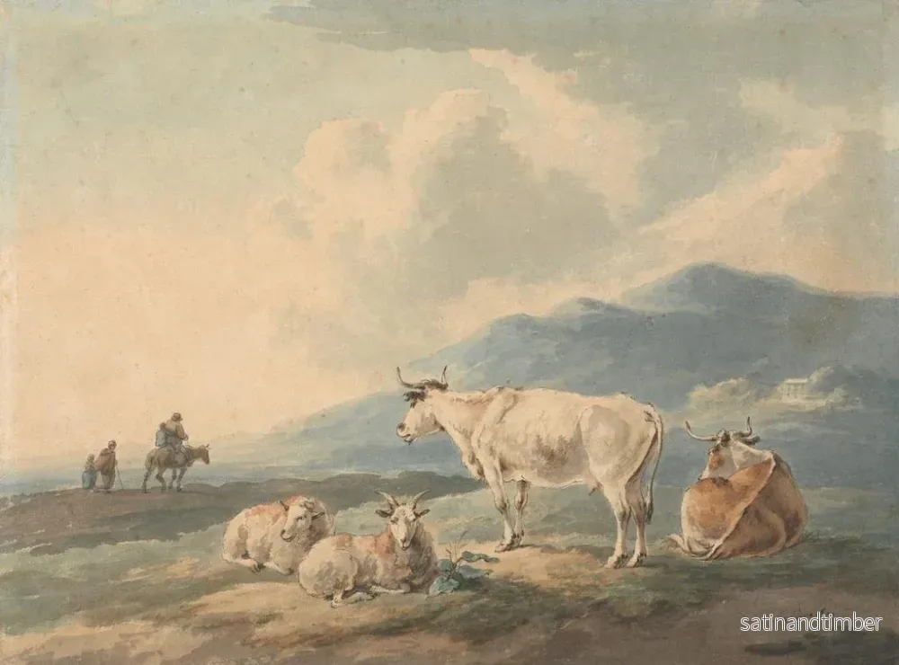 Reproduktion av målningen landskapsbild av berg med kor och getter i förgrunden och figurer till vänster - Peter La Cave - Bild 2