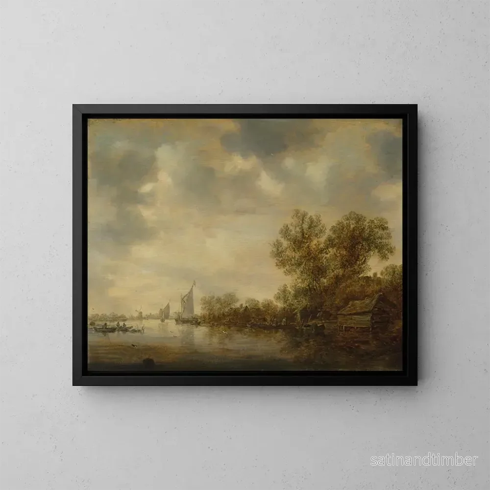 Reproduktion av målningen av ett flodlandskap med segelbåtar, fiskebåtar och en färja med bönder och boskap - Jan van Goyen