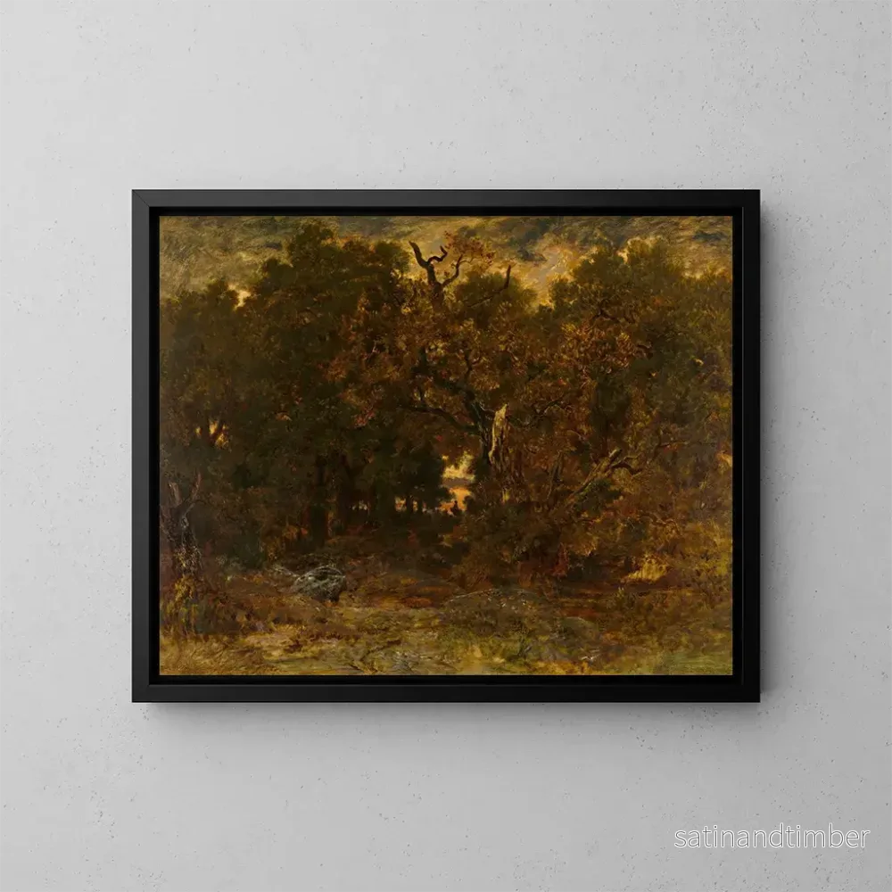 Reproduktion av målningen av utgången ur Fontainebleau-skogen vid solnedgången - Théodore Rousseau