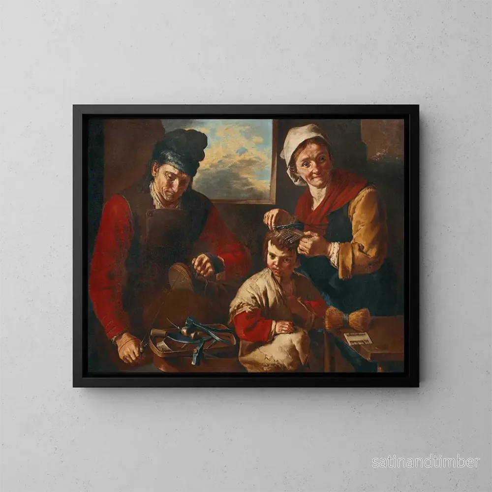 Reproduktion av målningen En skomakare och en kvinna som klipper ett barns hår - Giacomo Francesco Cipper