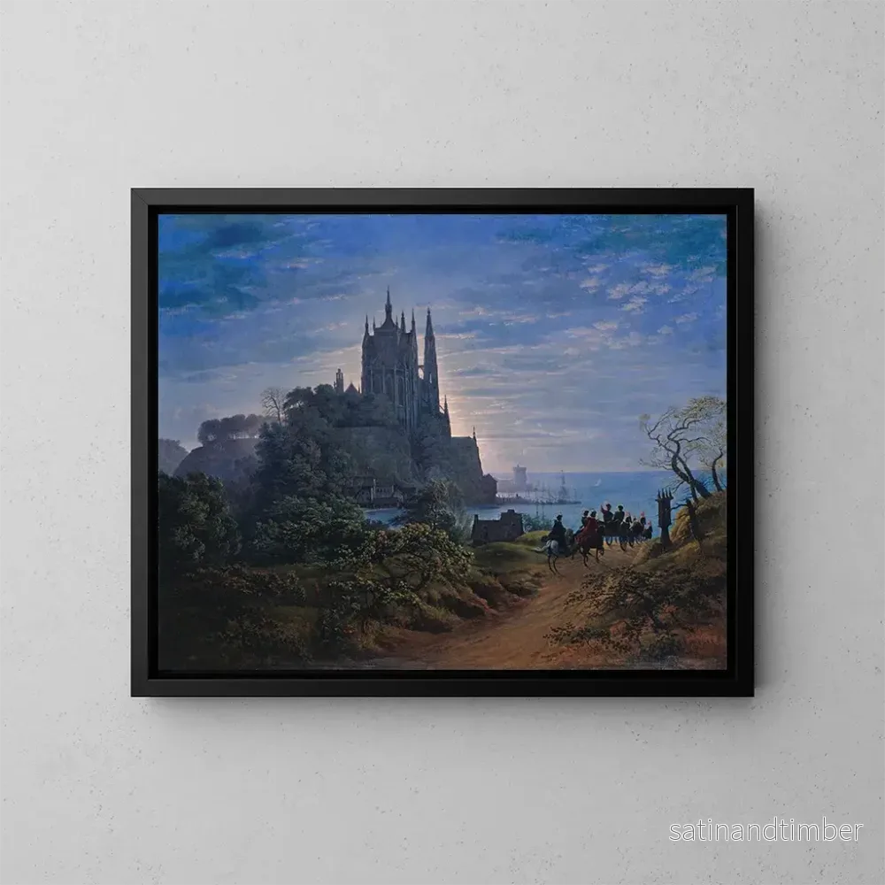 Reproduktion av målningen av gotisk kyrka på en klippa vid havet - Karl Friedrich Schinkel