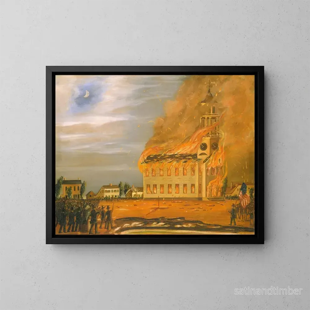Reproduktion av målningen Brand i Old South Church, Bath, Maine - John Hilling