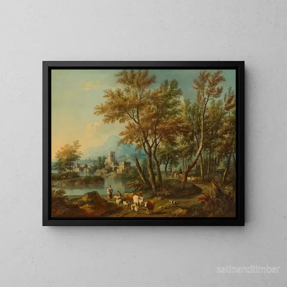 Reproduktion av målningen av ett italienskt landskap med utsikt över Gardasjön, en herde och en herdinna som vattnar sitt fårflock vid en flod - Giovanni Battista Cimaroli