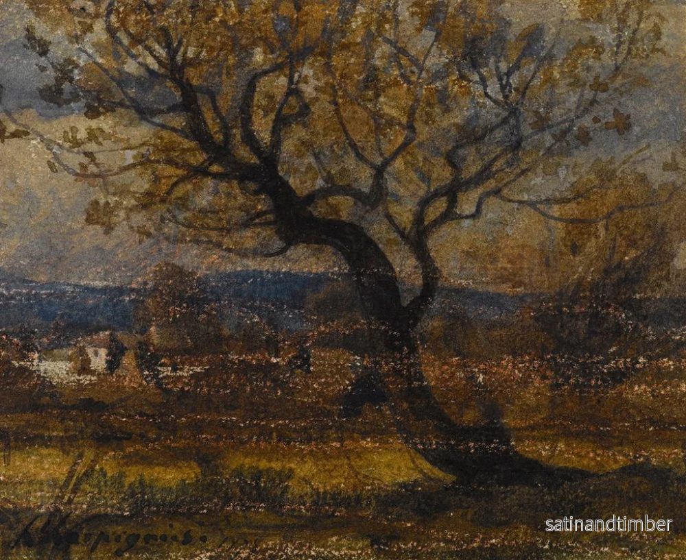 Reproduktion av målningen Studie av en buske i bakgrunden av några torp - Henri-Joseph Harpignies - Bild 2