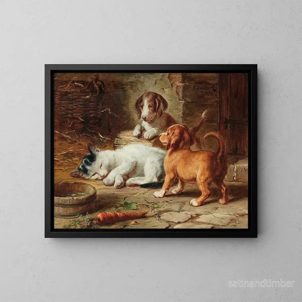 Reproduktion av målningen Les chiots sont éveillés - Carl Reichert