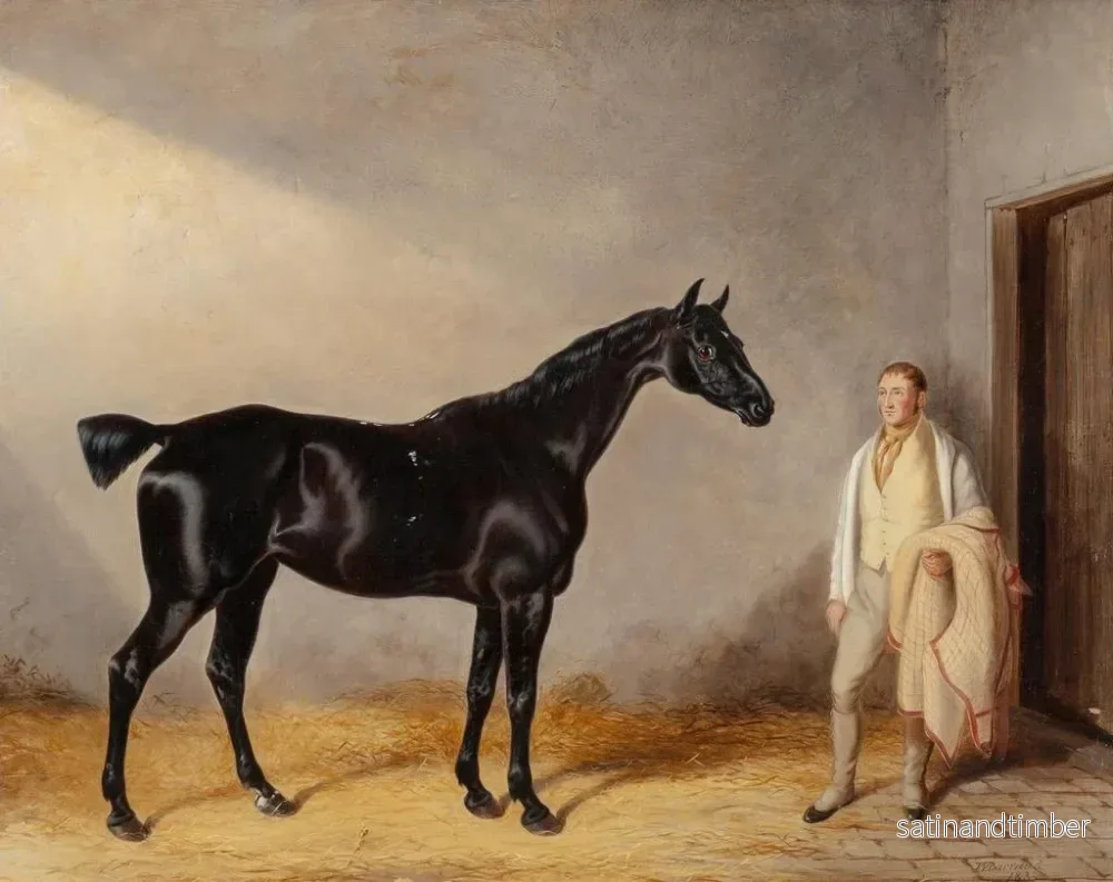 Reproduktion av målningen av en mörkbrun jakthäst med en stallpojke i ett stall - William Barraud - Bild 2