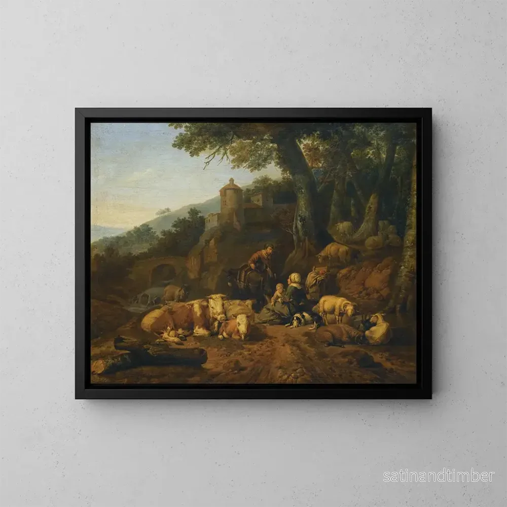 Reproduktion av målningen En landskap med förare och deras hjord i vila - Johann Heinrich Roos