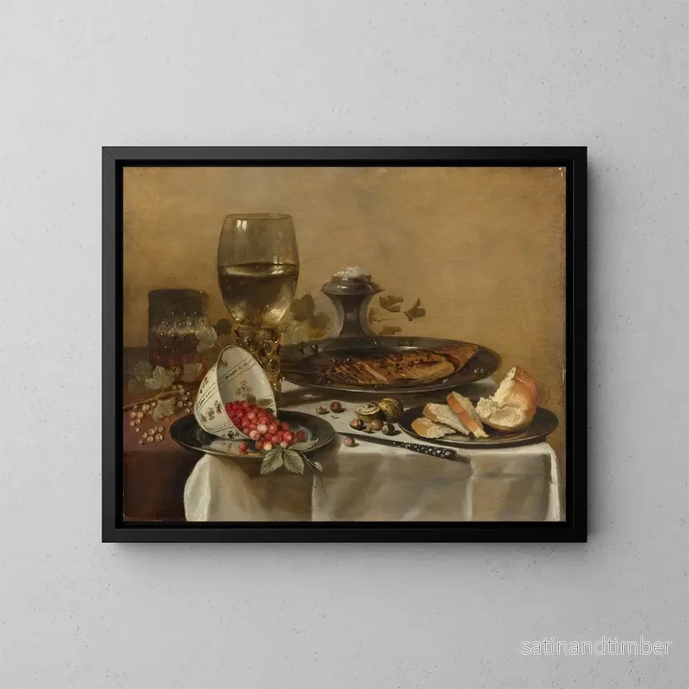 Reproduktion av målningen av still life med rökt sill, nötter, vita vinbär och skogshallon - Pieter Claesz