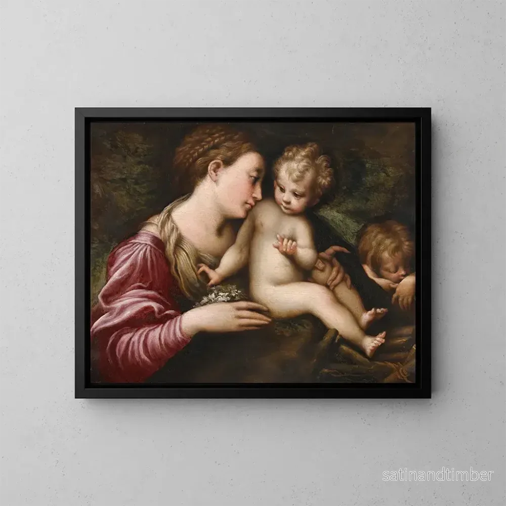 Reproduktion av målningen La Vierge à l'Enfant avec saint Jean-Baptiste endormi - Ecole de Parmigianino