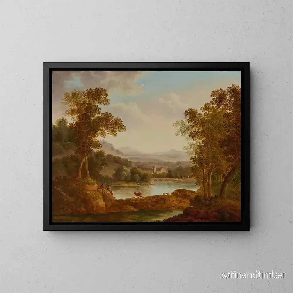 Reproduktion av målningen av landskapsutsikt med figurer och djur - John Smith från Chichester