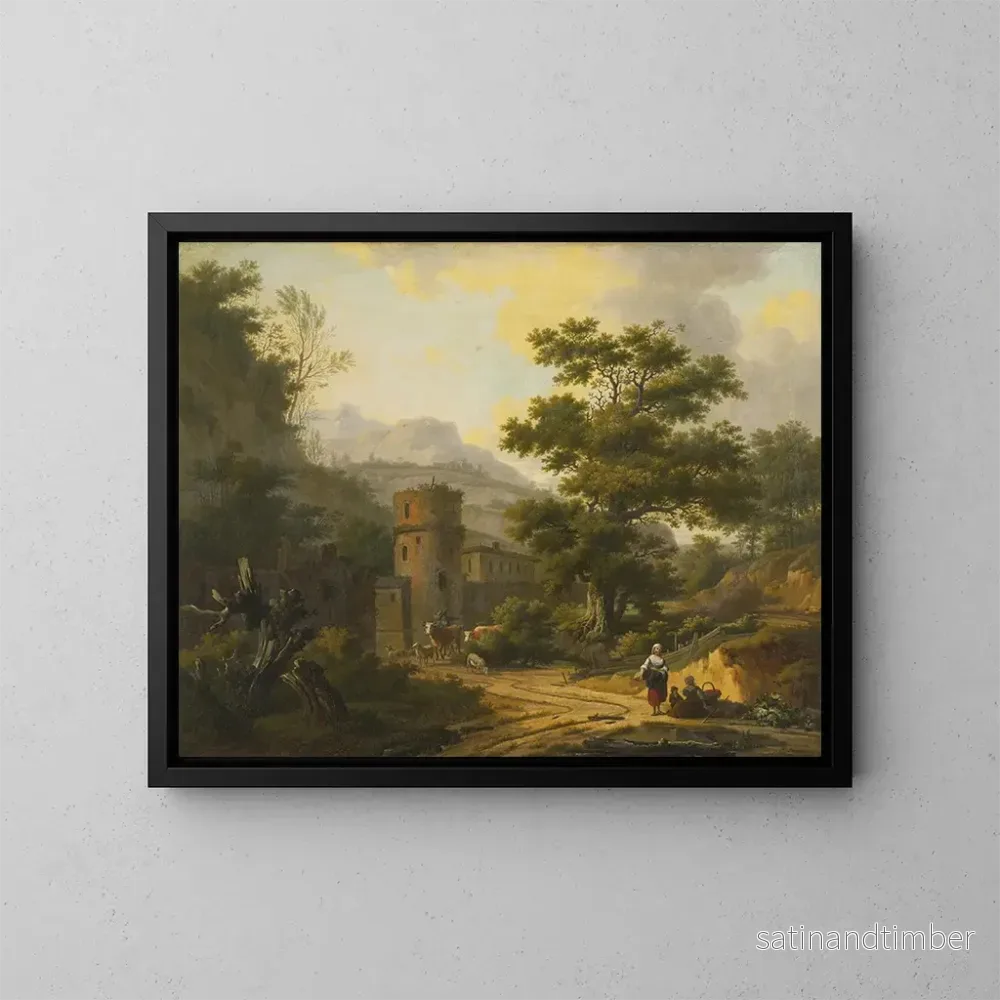 Reproduktion av målningen landskapsbild med berg och en by - Frans Swagers