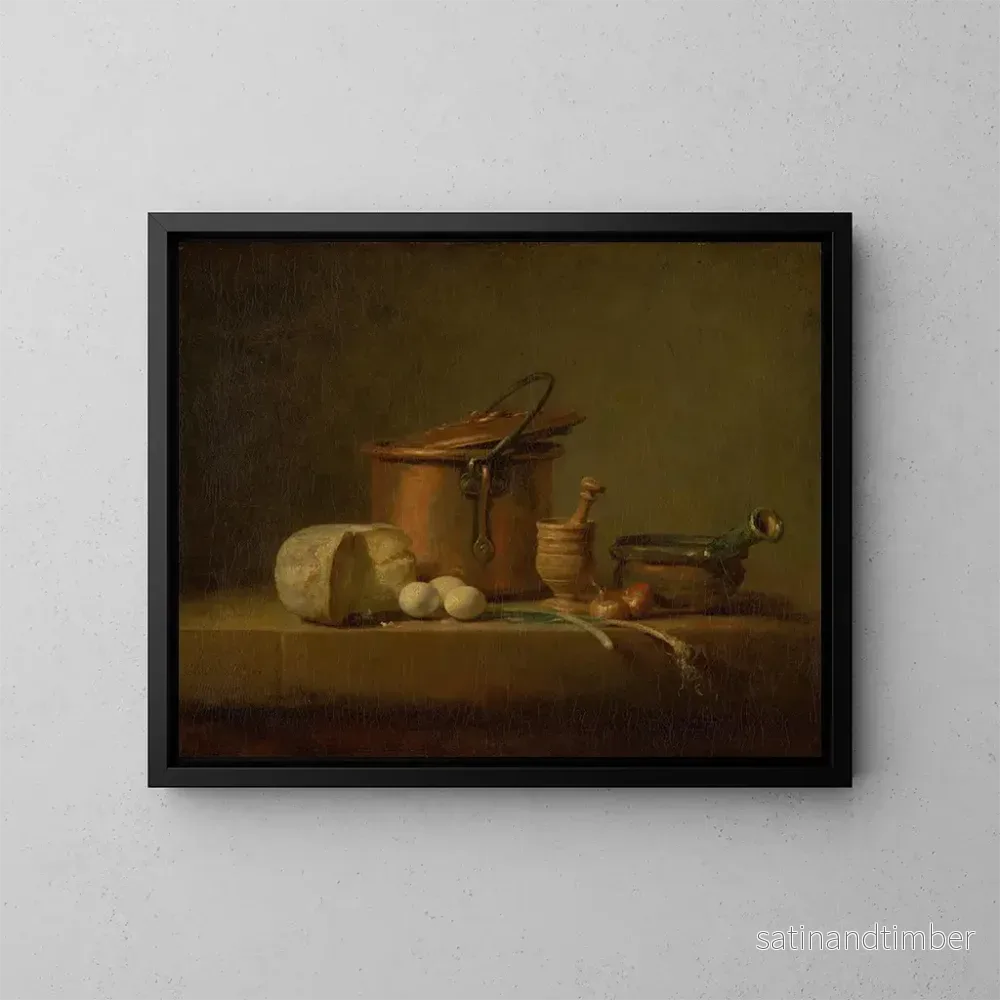Reproduktion av målningen av naturtavla med kopparkruka, ost och ägg - Jean Siméon Chardin