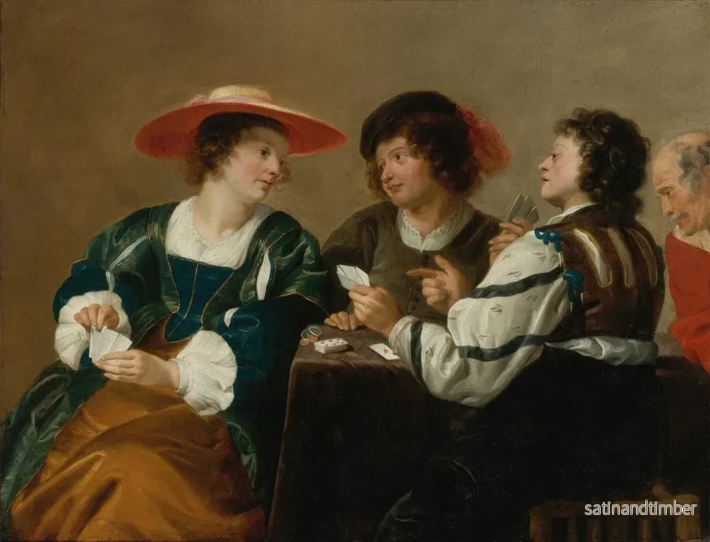 Reproduktion av målningen En kvinna och tre män som sitter runt ett bord och spelar kort - Theodoor Rombouts - Bild 2