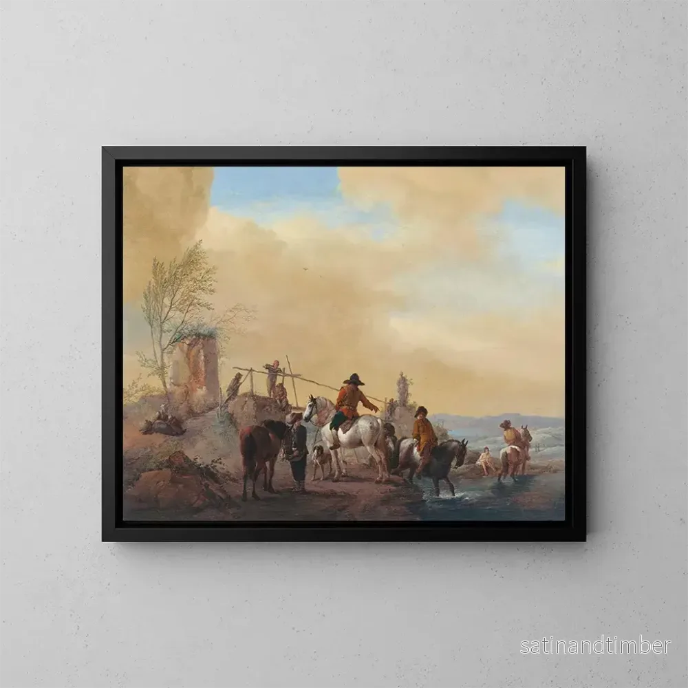 Reproduktion av målningen Cavaliers och hästar som vilar vid en flod - Philips Wouwerman