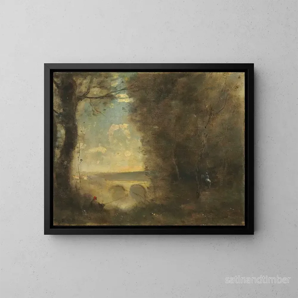 Reproduktion av målningen En fiskare med fiskespö, minne från Mantesbron - Jean-Baptiste-Camille Corot