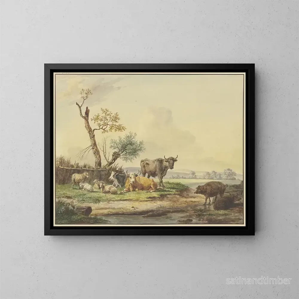 Reproduktion av målningen bredvid en stängsel, boskap på ängen, till höger två grisar - Pieter Gerardus van Os