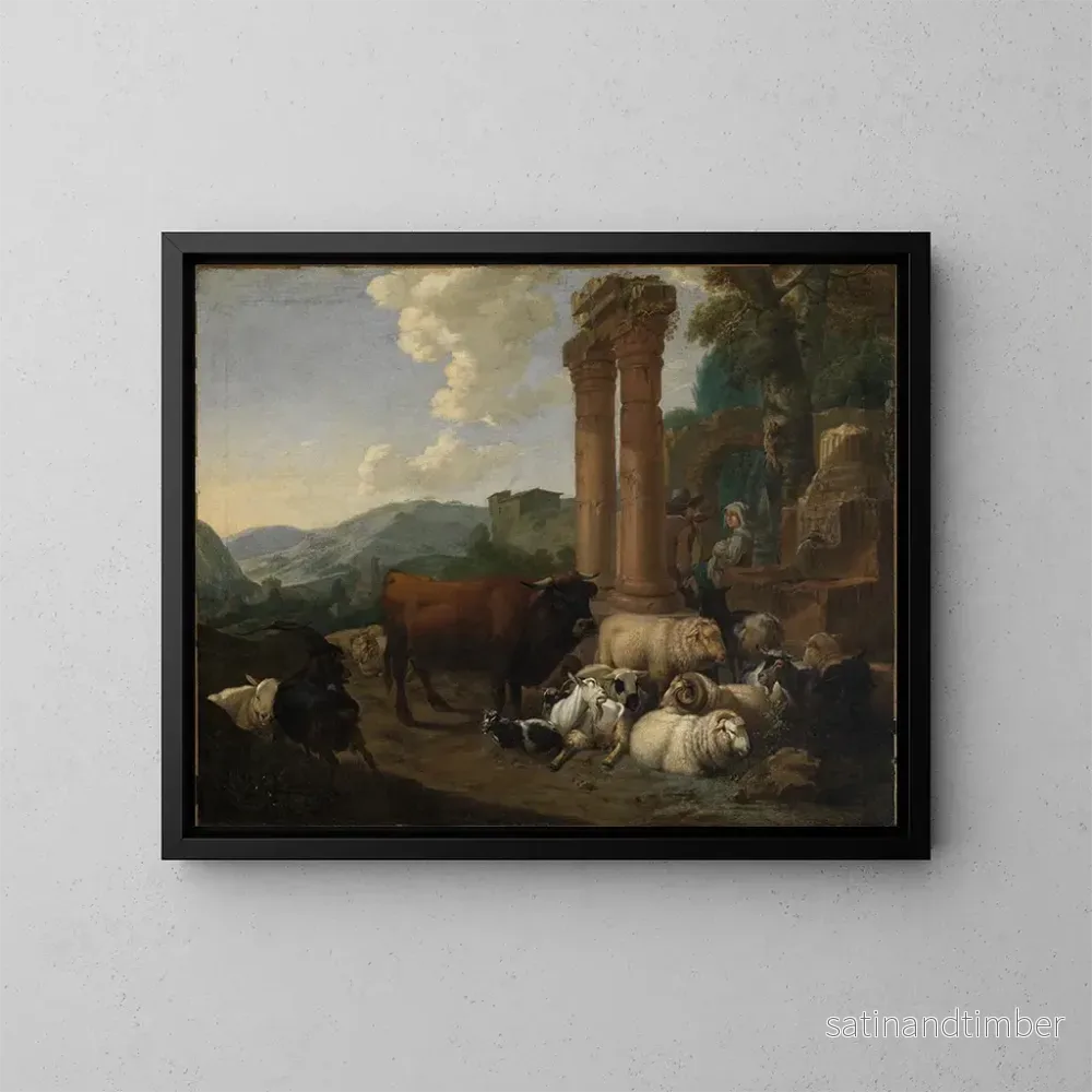 Reproduktion av målningen av herdar i ett landskap av romerska ruiner - Johann Heinrich Roos