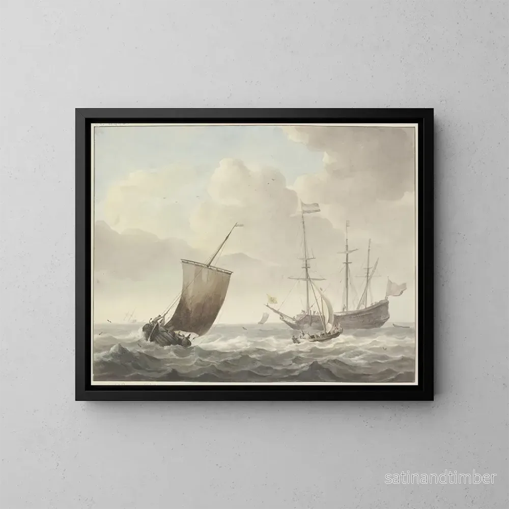 Reproduktion av målningen av Mer agitée avec des navires, drapeau jaune avec lion doré - Martinus Schouman