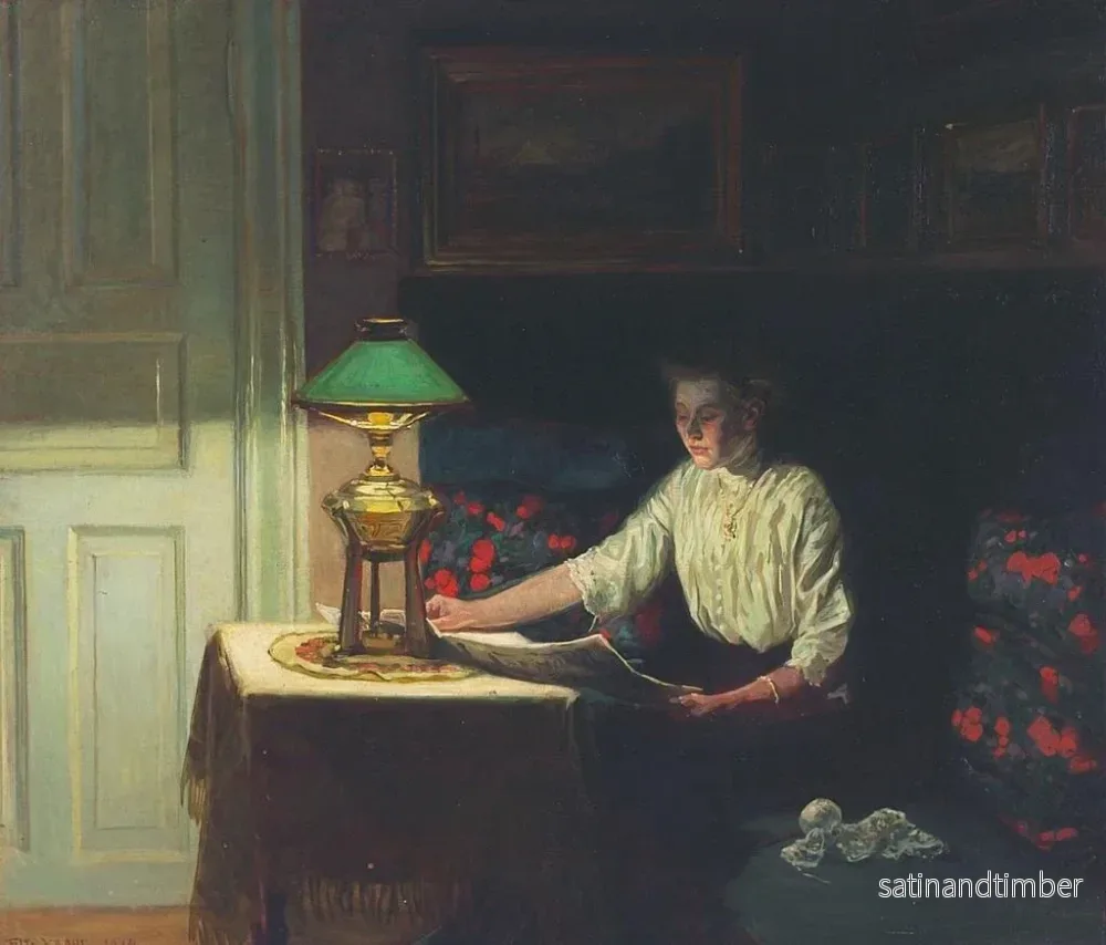 Reproduktion av målningen inomhus med kvinna som läser en tidning vid lampan 1914 - Fritz Kraul - Bild 2