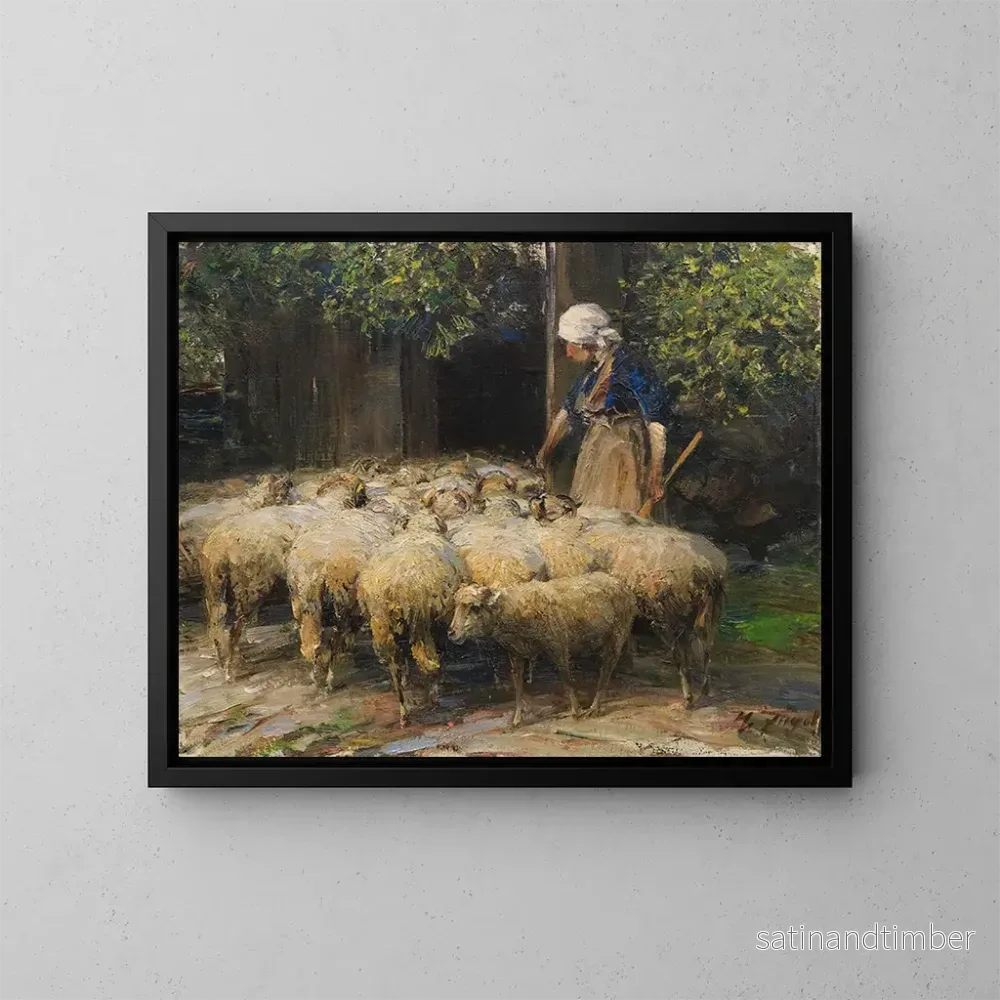 Reproduktion av målningen Bergère med en flock får nära ladan – Heinrich von Zügel Reproduktion av målningen Bergère med en flock får nära ladan – Heinrich von Zügel