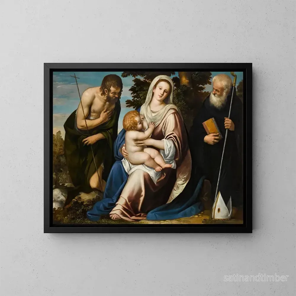 Reproduktion av målningen La Vierge et l'Enfant avec les saints Jean-Baptiste et Benoît - Simone Peterzano