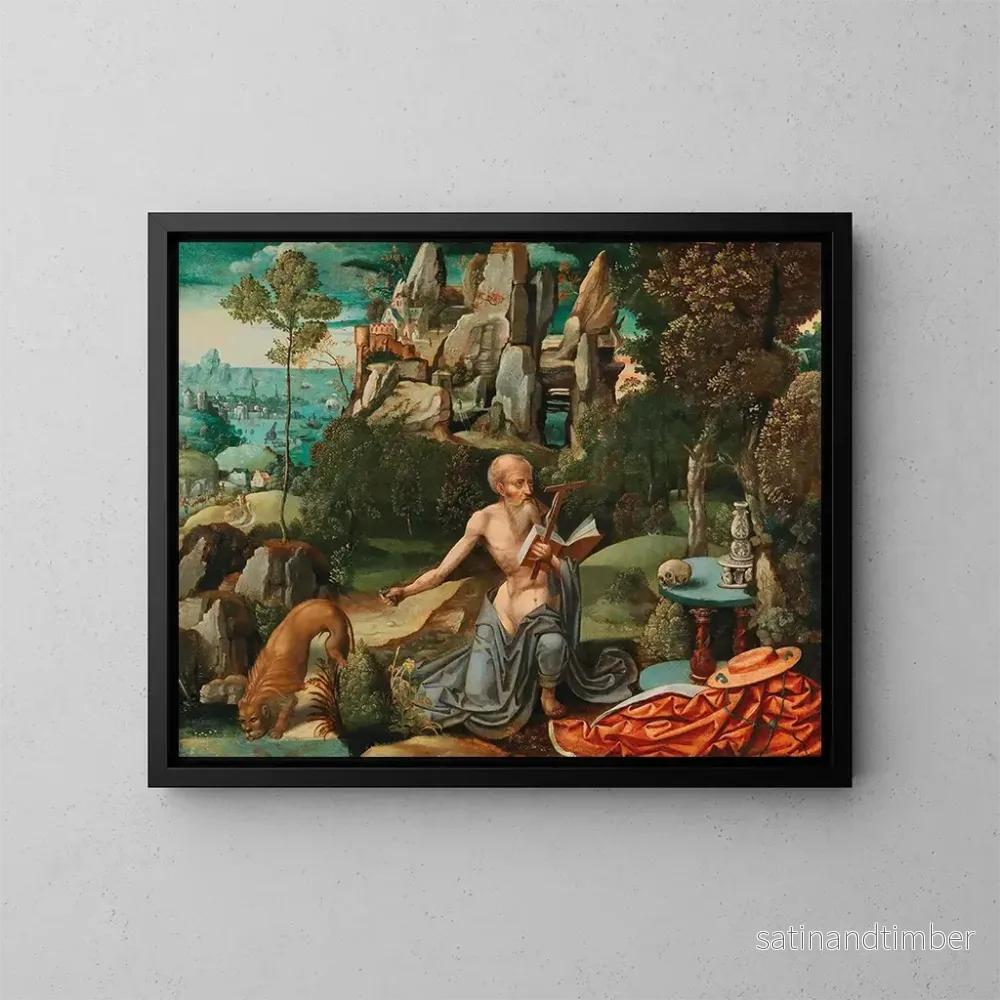 Reproduktion av målningen av Saint Jérôme dans le désert - Atelier de Joachim Patinir