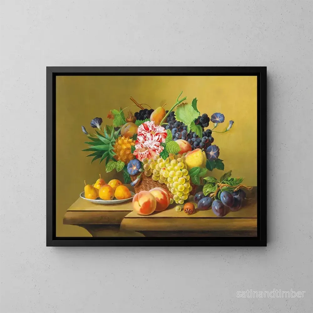 Reproduktion av målningen av still life med en fruktkorg och en tallrik med päron - Johann Georg Seitz