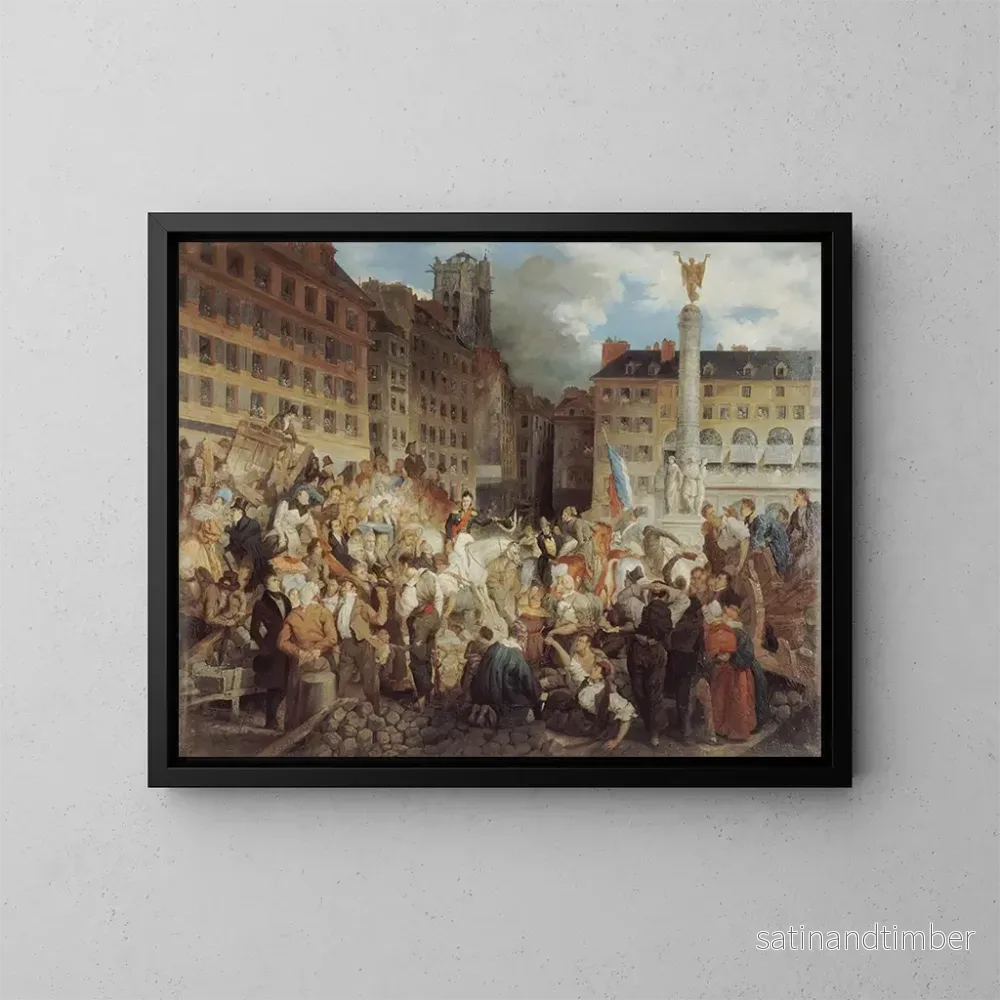 Reproduktion av målningen Le duc d'Orléans som färdas till rådhuset korsar Châtelet-torget den 31 juli 1830 - Prosper Lafaye