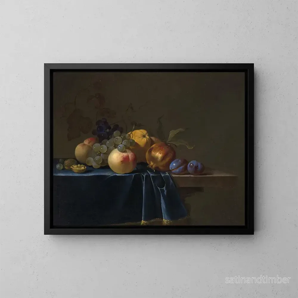 Reproduktion av målningen med persikor, druvor, granatäpple och plommon på en entablement - Willem van Aelst