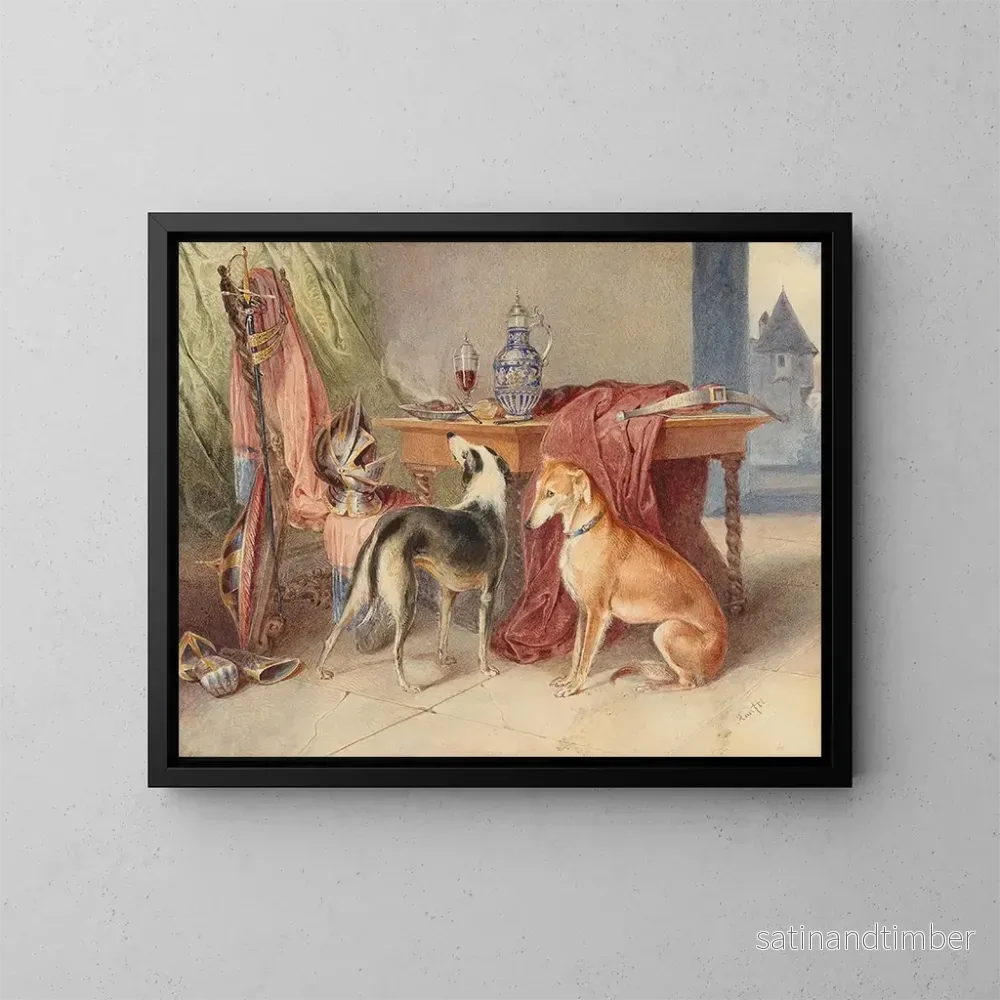 Reproduktion av målningen av ett interiör med greyhounds och ett stilleben med rustningsdelar - Johann Matthias Ranftl