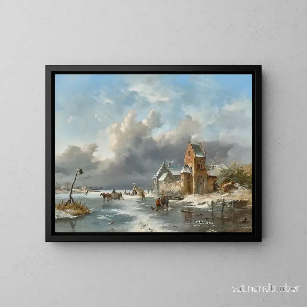 Reproduktion av målningen vinterlandskap med figurer på en frusen flod - Frederik Marinus Kruseman