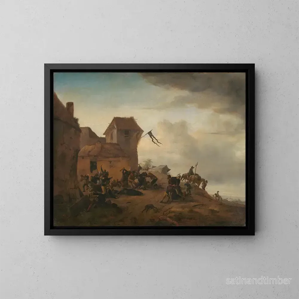 Reproduktion av målningen av bönder som slåss nära en by - Philips Wouwerman