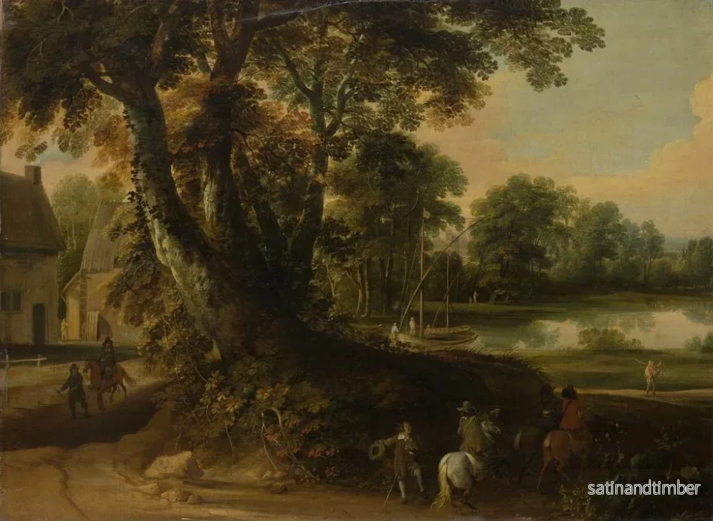 Reproduktion av målningen Landskap med en grupp träd vid en sjö, tre ryttare på vägen i förgrunden - Jacques d'Arthois - Bild 2