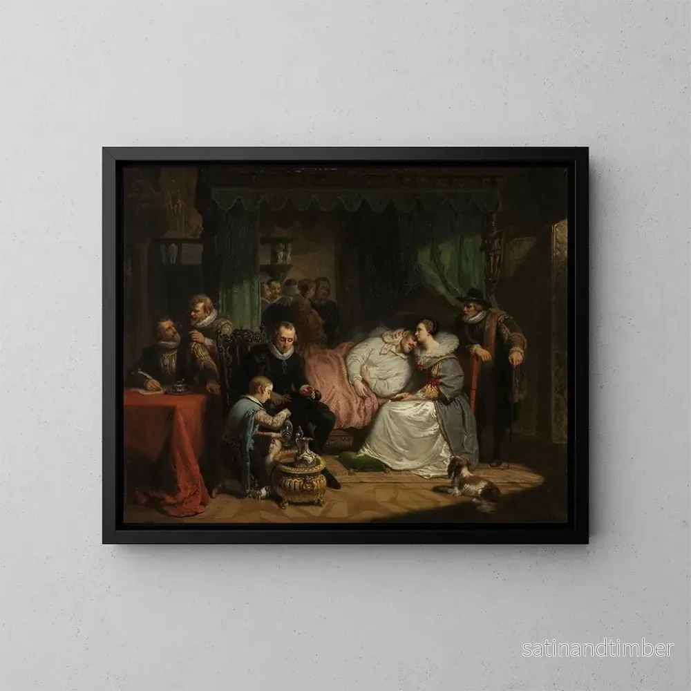 Reproduktion av målningen av prins William I som ammas av sin hustru Charlotte de Bourbon efter mordförsöket i Antwerpen 1582 – Nicolaas Pieneman Reproduktion av målningen av prins William I som ammas av sin hustru Charlotte de Bourbon efter mordförsöket i Antwerpen 1582 – Nicolaas Pieneman