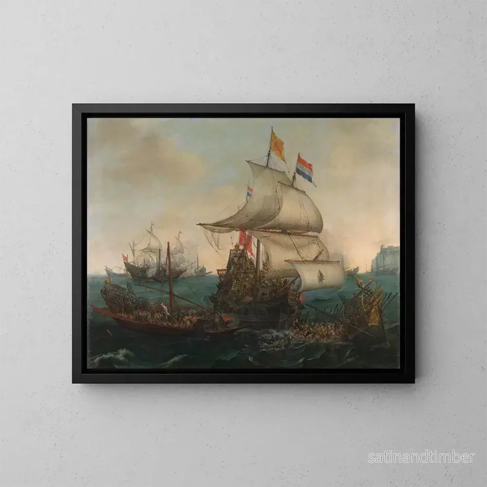 Reproduktion av målningen Nederländska skepp som krockar med spanska galärer utanför den engelska kusten, 3 oktober 1602 – Hendrik Cornelisz Vroom Reproduktion av målningen Nederländska skepp som krockar med spanska galärer utanför den engelska kusten, 3 oktober 1602 – Hendrik Cornelisz Vroom