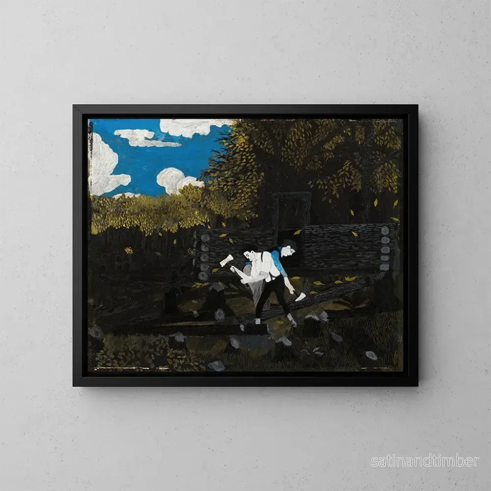 Reproduktion av målningen av Abraham Lincoln och hans far som bygger sitt skjul vid Pigeon Creek - Horace Pippin