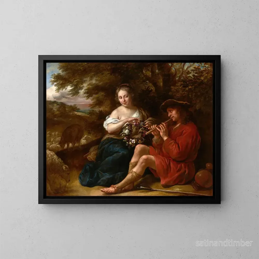 Reproduktion av målningen Bergère elegant lyssnar på en herde som spelar flöjt i ett arkadiskt landskap - Govert Flinck