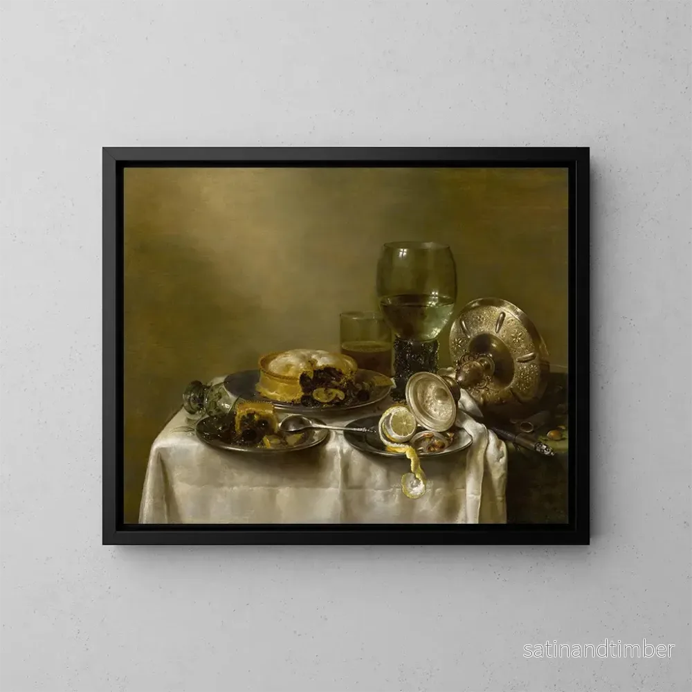 Reproduktion av målningen av still life med en omvänd silverskål, bakverk och en skalad citron på ett bord - Willem Claesz Heda
