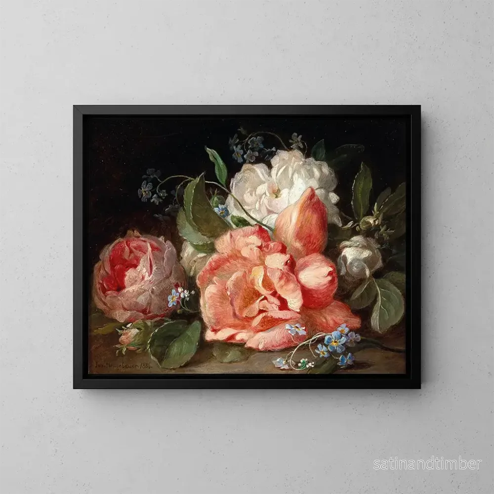 Reproduktion av målningen Ett blomsterarrangemang med rosor och förgätmigejer - Josef Neugebauer