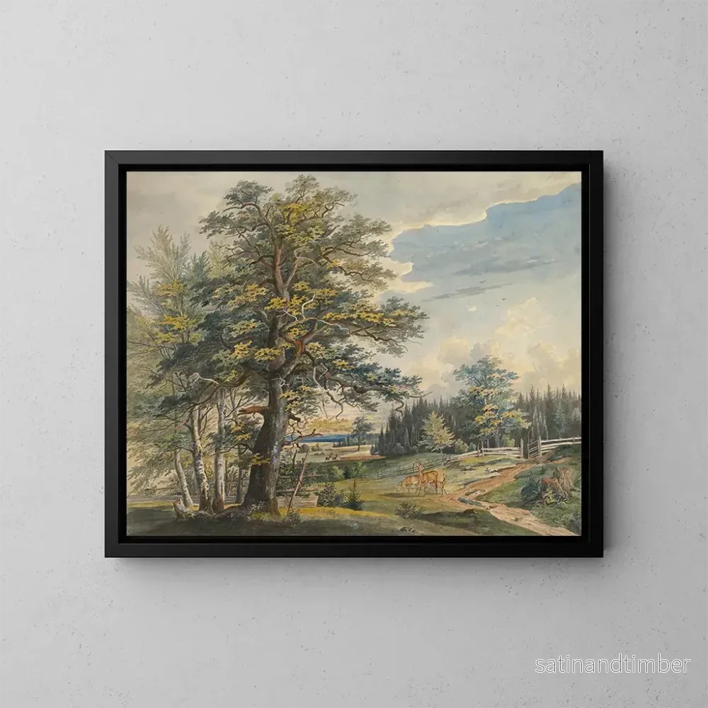 Reproduktion av målningen Skogklädd landskap med en hjort - Carl August Lebschee