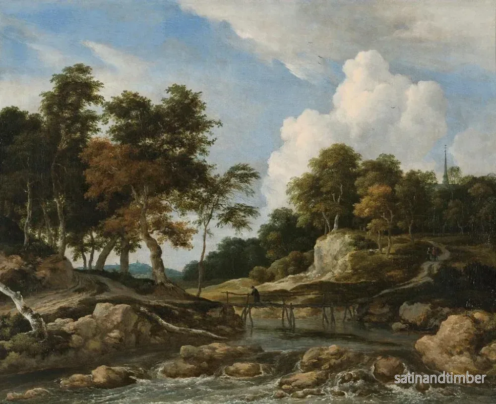 Reproduktion av målningen av ett skogigt flodlandskap med en bro och en kyrka i fjärran - Jacob van Ruisdael - Bild 2