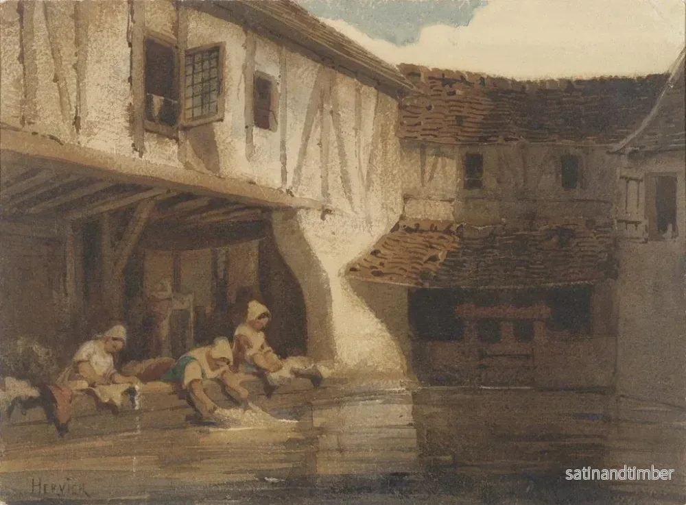 Reproduktion av målningen Kvinnor som badar i en öppen hal av ett bostadskomplex vid vattnet - Louis-Adolphe Hervier - Bild 2