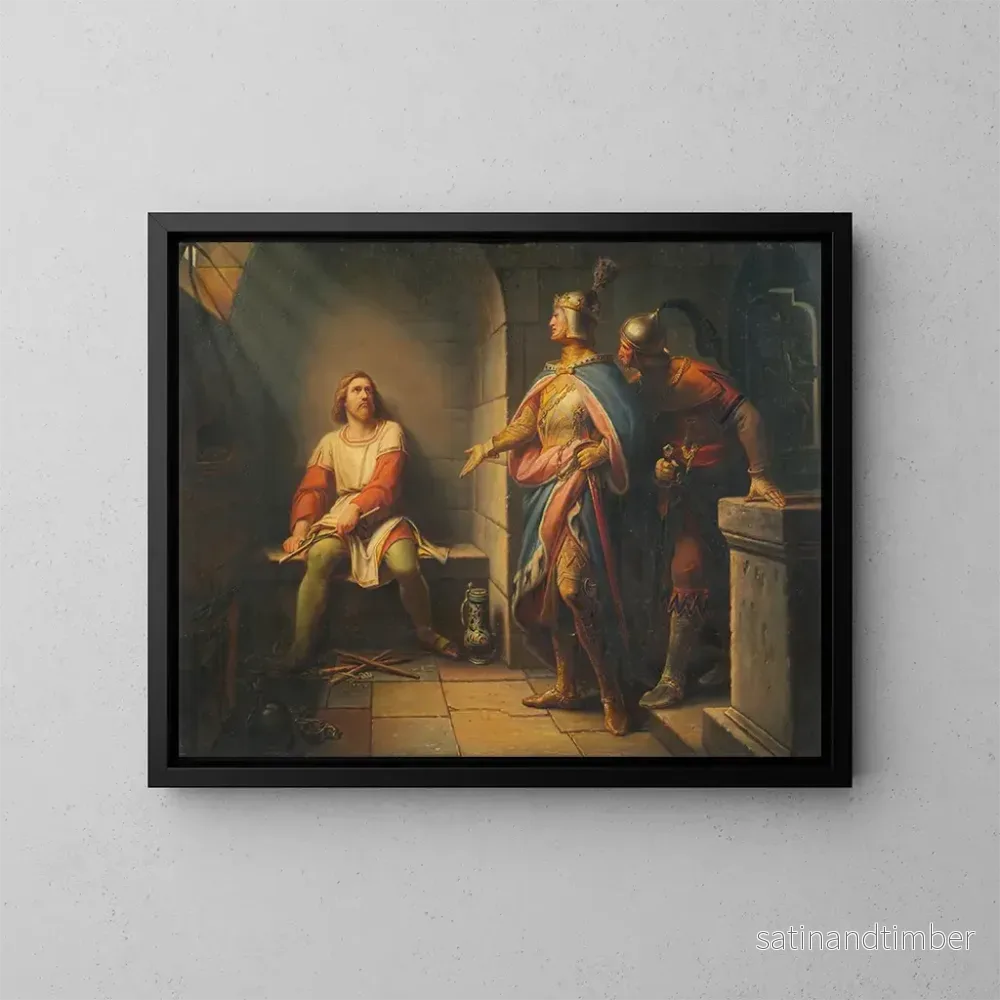 Reproduktion av målningen Ludwig le Bavarois meddelar Frédéric le Beau 1314 om sin frigivning och föreslår honom coprincipatet - Leopold Schulz