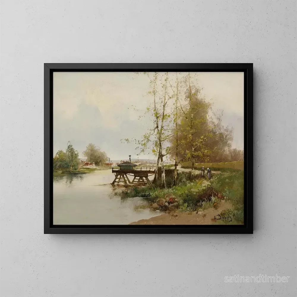 Reproduktion av målningen Längd: 60 cm, Höjd: 50 cm, Material: Canvas, Teknik: Olja, Ursprung: Frankrike, År: 1920-tal, Signerad: Ja, Ram: Nej, L: L'étang au bord du village - Eugène Galien-Laloue