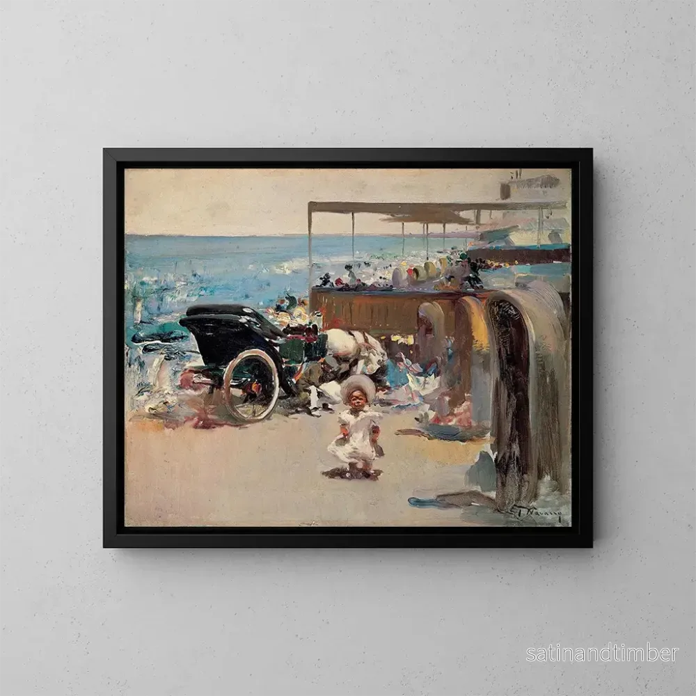 Reproduktion av målningen Carrosse à cheval et enfant sur la plage - José Navarro y Llorens