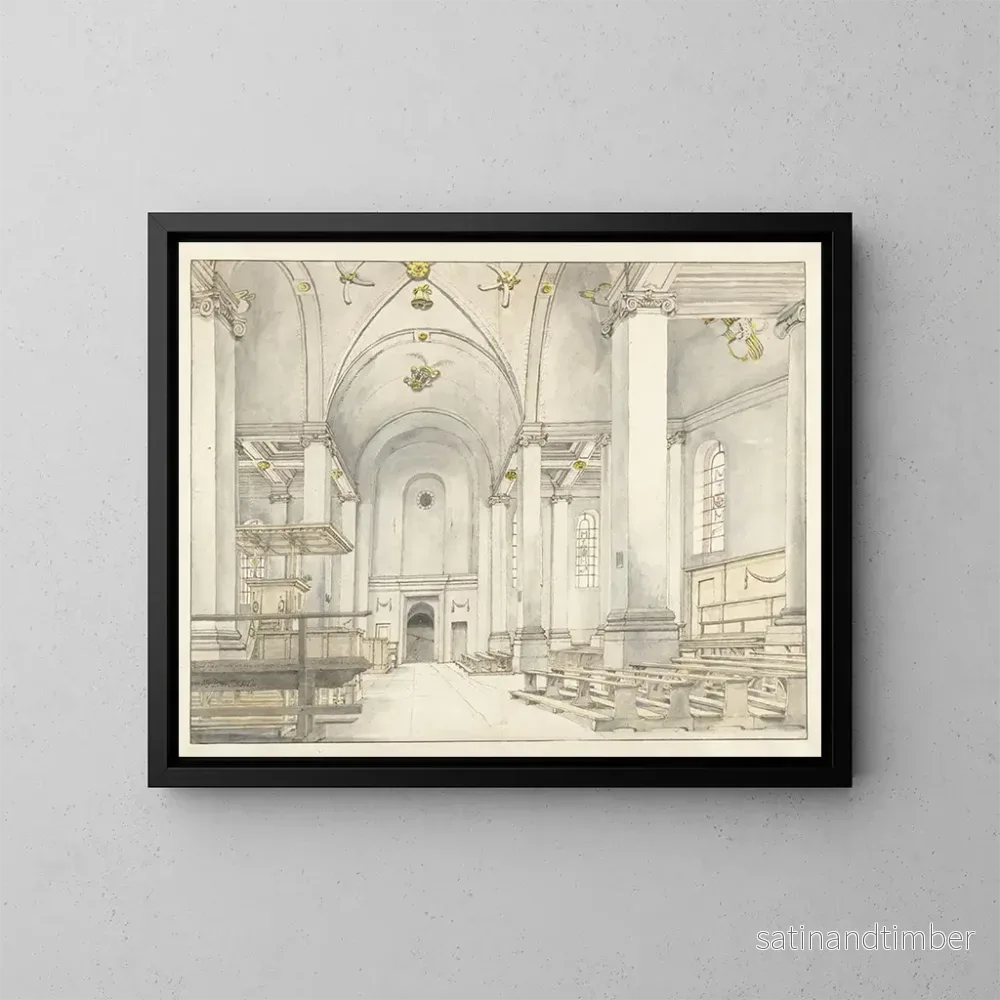 Reproduktion av målningen av utsikten över skeppet i Nieuwe Kerk i Haarlem med blick mot väster – Pieter Jansz Saenredam Reproduktion av målningen av utsikten över skeppet i Nieuwe Kerk i Haarlem med blick mot väster – Pieter Jansz Saenredam