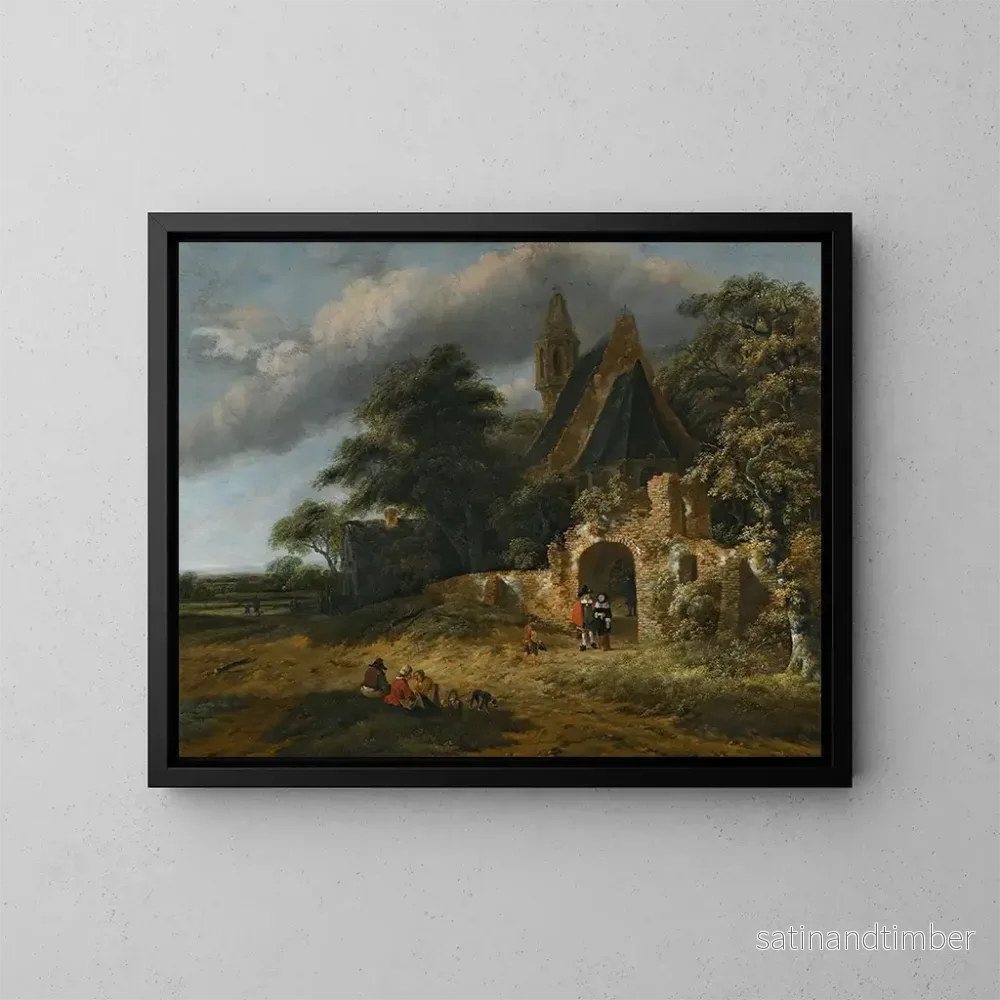 Reproduktion av målningen av ett landskap med figurer framför väggarna av ett förfallet kyrka - Salomon Rombouts